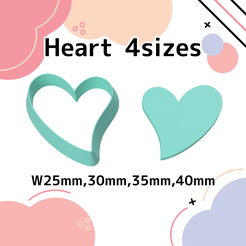 Heart001-1-1.png Heart 4 Polymer Clay Cutters＊Cookie Cutters＊Sugar Craft＊4 Sizes＊w20mm, 25mm, 30mm, 35mm