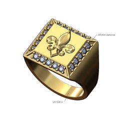 Lily-Diamond-16x16-square-signet-ring-size9-00.jpg STL file Lys flower square diamond chamfred sides ring US size 9 3D print model・3D print object to download