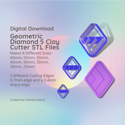 Cover-7.png Archivo 3D Diamante geométrico 5 cortador de arcilla - STL Digital File Download- 8 tamaños y 2 versiones de cortador Pendientes, colgante, pasador・Diseño para descargar y imprimir en 3D