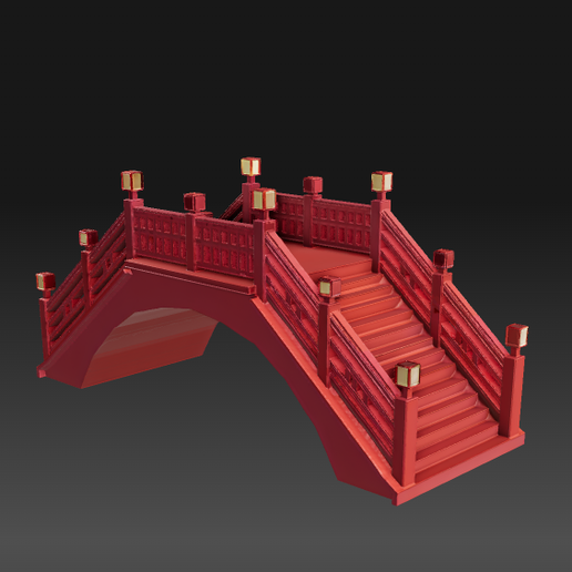 Chinese Lantern Bridge - Ornate Red Stairway Arch Model