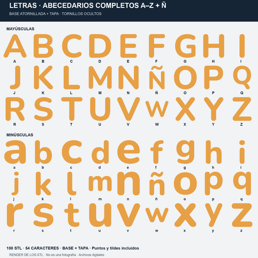 Letras A–Z + Ñ MAYÚSCULAS y minúsculas | BASE ATORNILLADA + TAPA · TORNILLOS OCULTOS