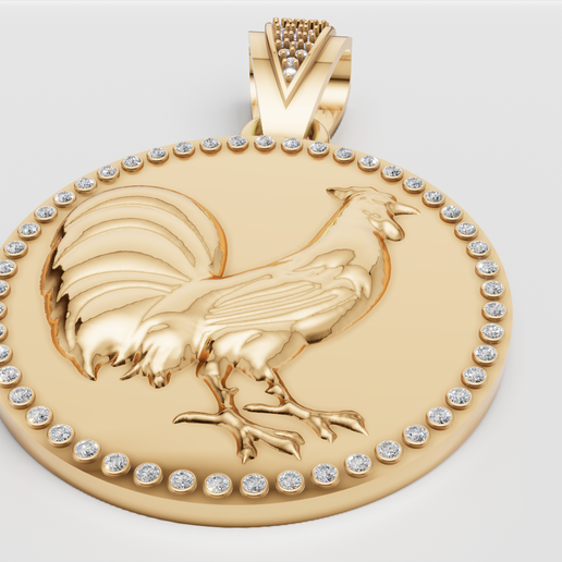 Gold Rooster Pendant with Sparkling Diamond Border