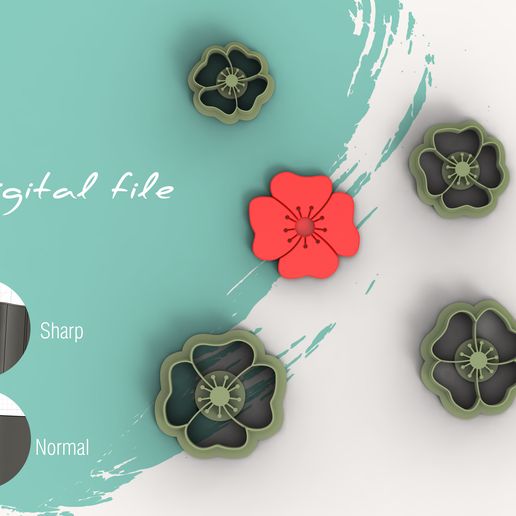 Poppy Flower Clay Cutter | Digital STL File | 4 Sizes | 2 Cutter Versions 3D model