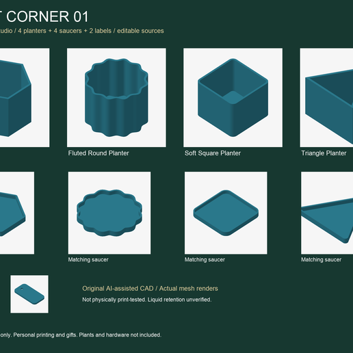Plant Corner 01 - 10 Planter Saucer and Label STL Files with Editable Source