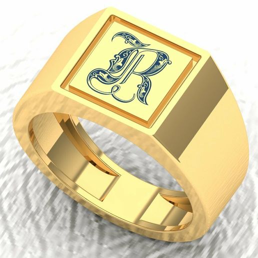 Letra R Inicial Real Monograma Grabado Oro Mens Signet Ring