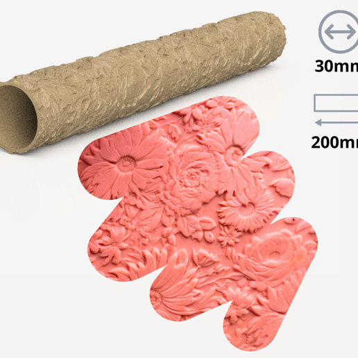 ROSES FLOWERS TEXTURE ROLLER FOR CLAY 200mm x 30mm