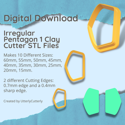 Irregular Pentagon 1 Clay Cutter - Jewelry Earring STL Digital File Download- 10 sizes and 2 Cutter Versions