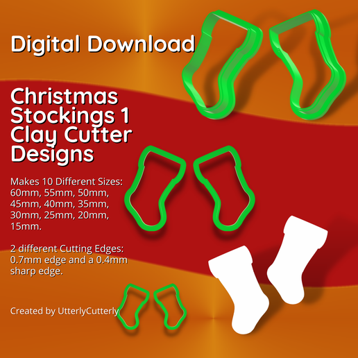 Stockings 1 Clay Cutter - Christmas Winter STL Digital File Download- 10 sizes and 2 Cutter Versions 3D model