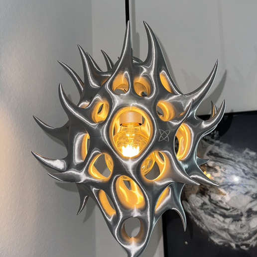 Horned Gothic Pendant Lamp – Biomorphic Silver Lampshade, Biomechanical Ceiling Light photo 2