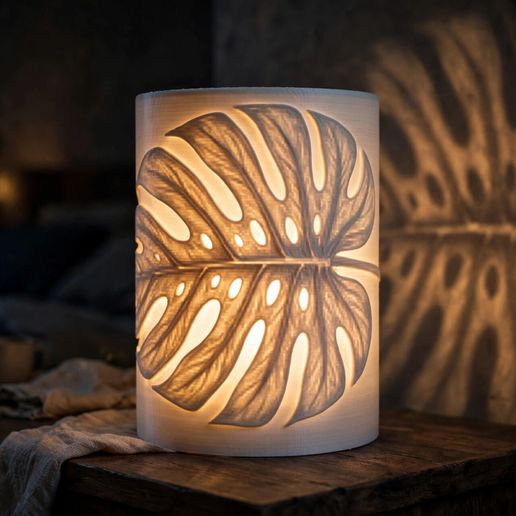 Noir Monstera Lithophane Lamp Shade - 3D Printable LED Night Light, Botanical Bedside Table Lamp