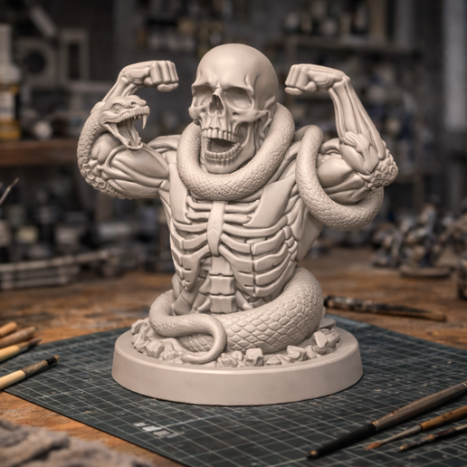 Skeleton Snake Bodybuilder Bust STL | Dark Fantasy Skull Statue | 3D Printable Gothic Miniature for Painting Display