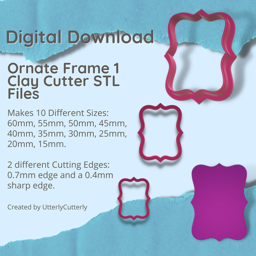 Ornate Frame 1 Clay Cutter - Jewelry Earring STL Digital File Download- 10 sizes and 2 Cutter Versions