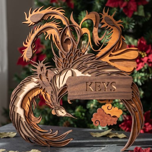 MD402 - Dragon Phoenix Key Holder SVG, Layered Wood Laser Cut File, Fantasy Wall Hook Design, DXF AI PDF