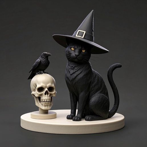 2247 Witch Cat Composition - Skull, Raven & Candleholder on Shared Ivory Base, magic, dragon, serpent, mask, gnome, gorgon, venetian carnival, wild, fox, monster, cat, fair, witch, werewolf, horror, beast, snake, troll, skeleton dance 3D model