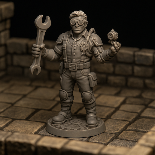 Professor-Gearwright-3.png Professor Gearwright – Steampunk Engineer Miniature with Wrench, 28mm RPG Character 1/70 Scale