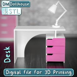 Vinetka_Computer_Desk_2.jpg STL file Miniature 1:12 Scale 3-Drawer computer Desk STL File for 3D Printing - Dollhouse Furniture Model, Perfect for Dollhouses!・3D printable design to download