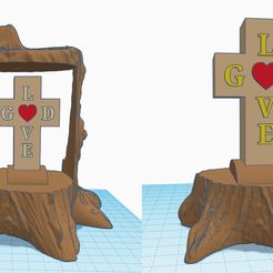 cross-in-tree-stump-2.jpg STL file Cross in tree stump, God is Love text, religious decoration・3D printing design to download