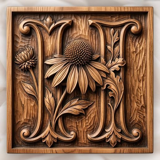 Floral Monogram Letter H Echinacea CNC Relief STL