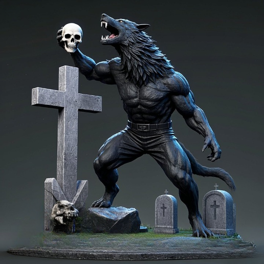 3668 Werewolf Howling with Skull - Minimalist Statue, magic, dragon, serpent, mask, gnome, gorgon, venetian carnival, wild, fox, monster, cat, fair, witch, werewolf, horror, beast, snake, troll, skeleton, STL
