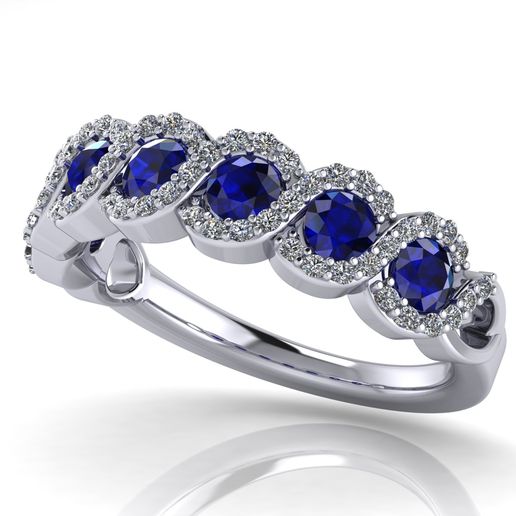 Spiral Weave Anniversary / Engagement Ring - Round Sapphires with Round Diamonds Halo 3D model