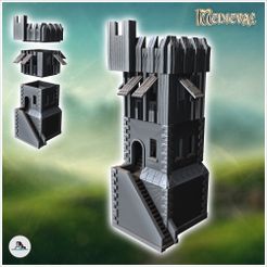 1-PREM.jpg Archivo STL Torre medieval de piedra con almenas y gran escalera de acceso exterior (13) - Medieval Gótico Feudal Antiguo Arcaico Saga 28mm 15mm RPG・Modelo para descargar e imprimir en 3D