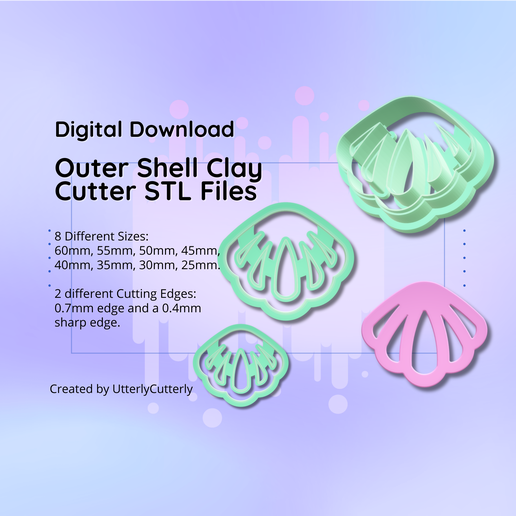Clay Cutter STL File Outer Sea Shell- Ocean Earring Digital File Download- 8 sizes & 2 Cutter Versions, cookie cutter 3D model