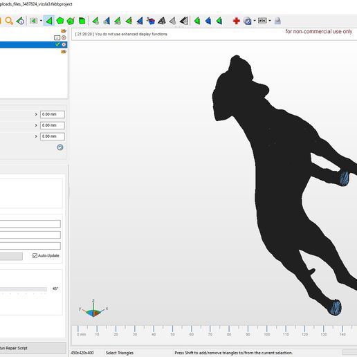 IN Autodesk Netfabb Premium Trial 2018.1 (non-commercial version) (expired) - uploads files_3487824_vizsla3,fabbproject File Edit Repair Mesh Edit View System Help *AGB® GOGEGaGH OC O|\4-JAOGD 444448444444 49-2 = ® Parts for non-commercial use only [21:28:28 ] You do not use enhanced display functions ices Cp Pianes Frame xO< 2 vO< zO< [transparent cuts e Status Actions Repair Scripts Shells View ® ® (100%) uploads files 3487824 vizsla3 (repaired) He ees Pa) es stats lash is oosed j est i onented v states Edges: [2122029 | orderEages: [0 ] Triangles: [ 1414682 ] mw Orientation: [ 0 | Shells: [ q ] Hotes: [ 0 | Update | Auto-Update Hohintng Moles MTriangles: Edges tom ’ 4s Degenerated Faces Derrors Apply Repair Run Repair Script 450x420x400 Select Triangles Press Shift to add/remove triangles to/from the current selection. Vizsla hongrois Chien d'arrêt hongrois Modèle imprimé en 3D