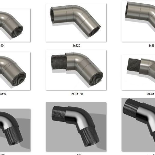 1", 1/2",  3/4" Pipe Elbows 3D Models Bundle with Threads 1", 1/2", and 3/4" – Bend Variants 90°, 120°, 135°