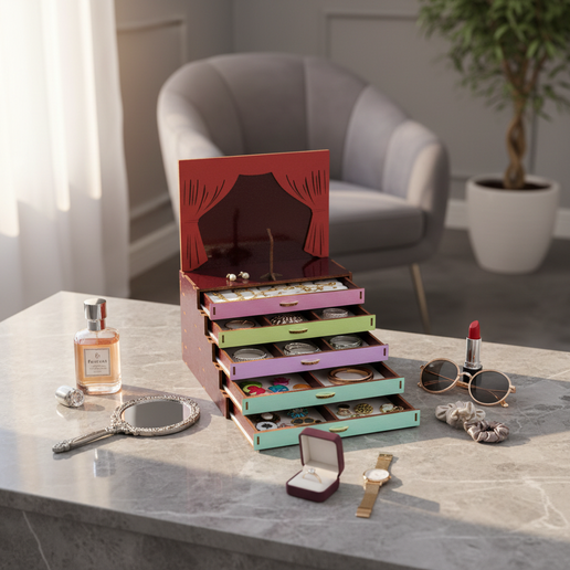 Wooden Jewelry Box with Drawers — Theater Stage Jewelry Organizer — Laser Cut Files