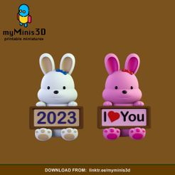 Bunny-2023-02.jpg STL file Cute Kawaii Bunny Rabbit New Year 2023 or Valentine's Day Figure | 3D print models.・3D printing template to download