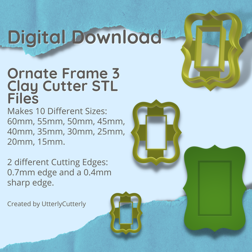 Ornate Frame 3 Clay Cutter - Jewelry Earring STL Digital File Download- 10 sizes and 2 Cutter Versions 3D model