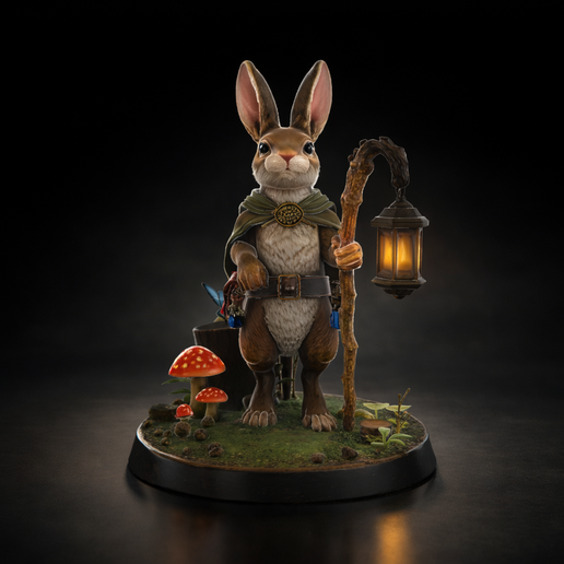 Easter Bunny Lantern 3D Print – Fantasy Rabbit Figurine with Staff & Mushrooms – Whimsical Woodland Easter