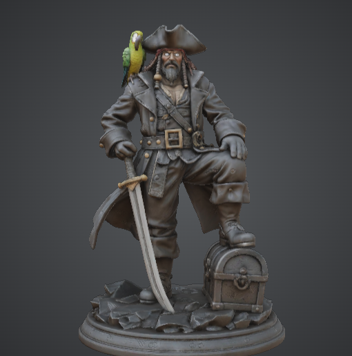Legendary Pirate Captain with Treasure Chest & Parrot