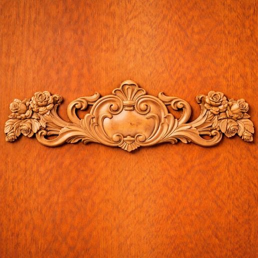 Baroque Floral Furniture Crest STL | Rose Scroll Pediment CNC Relief