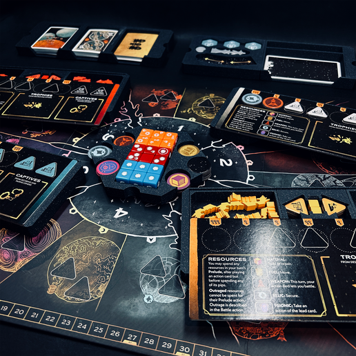 Board game Arcs insert and player dashboard.