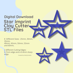 Digital Download Star Imprint Clay Cutter STL Files 8 Different Sizes: 25mm, 30mm, 35mm, 40mm, 45mm, 50mm, 55mm and 60mm, 2 different Cutting Edges: 0.7mm edge and a 0.4mm sharp edge. Created by UtterlyCutterly Descargar archivo Cortador de arcilla Star Imprint - Descarga de archivos digitales STL - 8 tamaños y 2 versiones de cortador • Plan imprimible en 3D, UtterlyCutterly