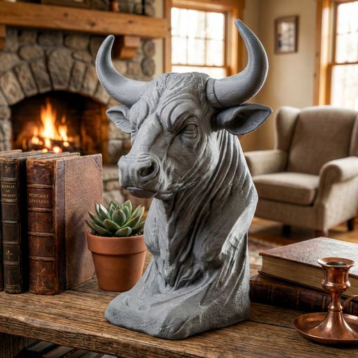 3D Printable Bull Bust Sculpture – Detailed Taurus Statue