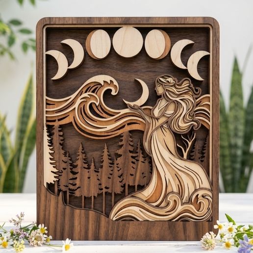 MD143 - Moon Goddess Layered Wood SVG, Moon Phase Laser Cut File, 3D Wooden Wall Art, Celestial Woman CNC Glowforge Design