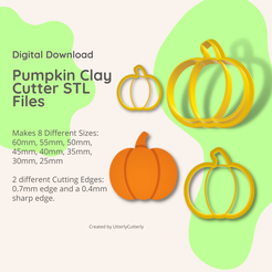Digital Download Pumpkin Clay Cutter STL Files Makes 8 Different Sizes: 60mm, 55mm, 50mm, 45mm, 40mm, 35mm, 30mm, 25mm 2 different Cutting Edges: 0.7mm edge and a 0.4mm sharp edge. Created by UtterlyCutterly Pumpkin Clay Cutter - Halloween STL Digital File Download- 8 sizes and 2 Cutter Versions