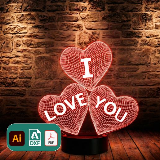 I Love You LED Illusion Lamp Laser Cut File | Romantic Acrylic Engraving Design | AI DXF PDF Commercial Use
