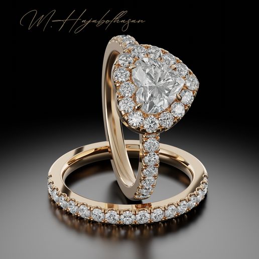 Heart Shaped Diamond Halo Engagement Ring Set-3D Printable 3D model