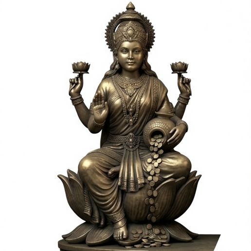 Sacred Lakshmi Sitting on Lotus with Gold Coins – Premium Brass Style 3D Model | High Detail STL