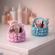 ribbon_ruffle_basket_7.png Ribbon Ruffle Basket | Bow Handle Decorative Storage Basket | Vanity Cosmetic Brush Holder