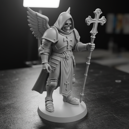 Skull-Faced Warrior Figurine With Crozius Staff 3D Print Model