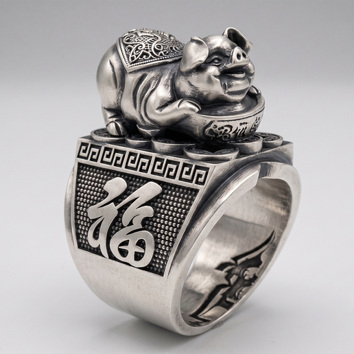 Fortune Pig and Chinese Blessing Character Signet Ring