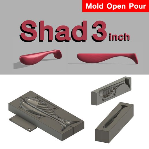 Open Pour Mold Shad 3 inch 3D STL, STEP FILE FOR CNC AND 3D PRINT 3D model