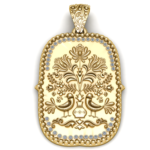 Luxury Vintage Floral & Bird Engraved Gold Pendant with Diamond Border