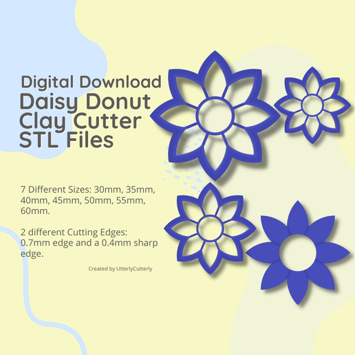 Daisy Flower Donut Debossed Clay Cutter - STL Digital File Download- 7 sizes and 2 Cutter Versions 3D model