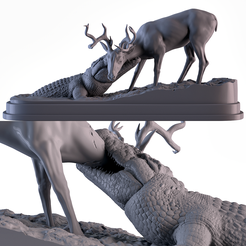 001.png STL-Datei Krokodilangriff auf Hirsche・3D-druckbares Modell zum herunterladen
