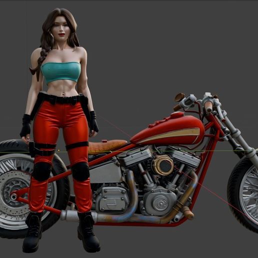 Biker Adventure Girl with Custom Chopper Motorcycle - 3D Print STL obj